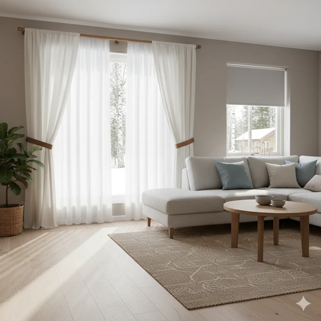  Olohuoneen verhoideat skandinaavinen tyyli